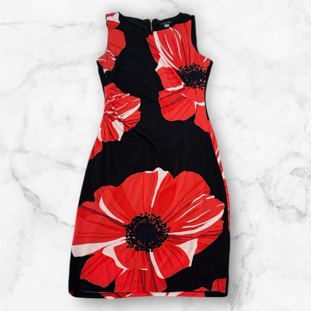 Tommy Hilfiger Black and Red Floral Midi Dress Ruched Side sz 6 Stretch